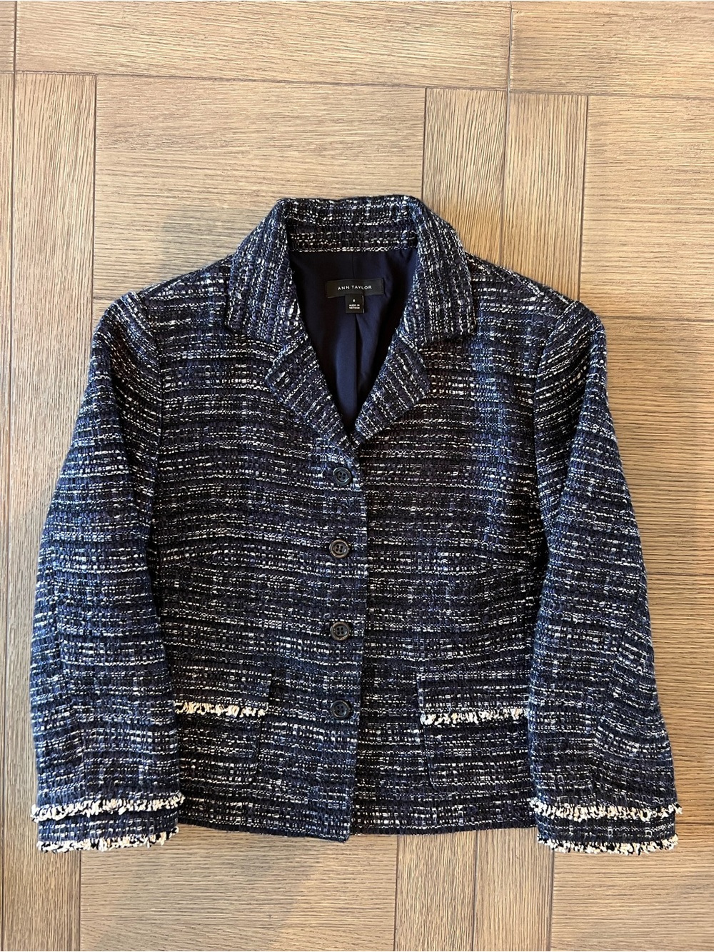 Ann Taylor Navy, Black, and Ivory Tweed Cropped Blazer - Picture 10 of 14